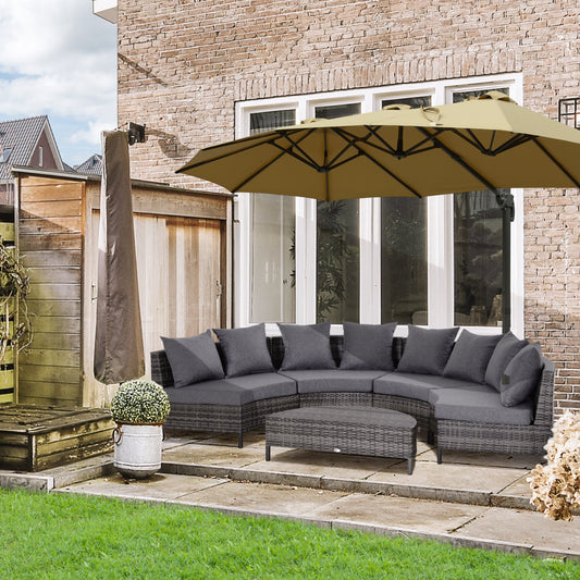 Outsunny 5 Pieces Rattan Garden Furniture Set, 4 Seater Half-Round Garden Sofa Set with Thickened Cushions, Wicker Conservatory Furniture with 4 Chairs, Rattan Coffee Table and Pillows, Grey