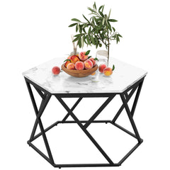 HOMCOM Hexagonal Coffee Table with High Gloss Marble Effect Table Top, Modern Cocktail Table with Steel Frame for Living Room, White