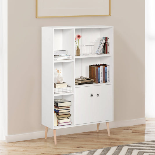 HOMCOM Sideboard Storage Cabinet Cupboard, Open Bookcase with 2 Doors 5 Compartments Wooden Modern Style for Living Room Bedroom Kitchen 80 x 23 x 123 cm, White