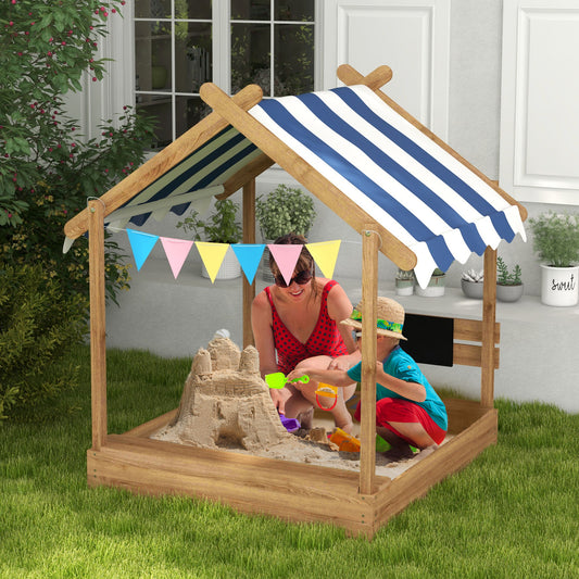 Outsunny House-Designed Wooden Sandbox, Outdoor Sandpit, with Blackboard, Toys, Sink, Seats, Flags, for Ages 3-7 Years - Brown