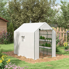 Outsunny Walk-in Greenhouse with 3 Tier 12 Shelves, Small Greenhouse with Reinforced PE Cover, Garden Plant Growhouse with Roll-up Door and Three Mesh Windows, 140 x 213 x 190 cm, White