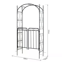 Outsunny Garden Decorative Metal Arch with Gate Outdoor Patio Trellis Arbor for Climbing Plant Archway Antique Black - 108L x 45W x 215Hcm