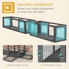 PawHut Cat Tunnel, 250cm Extra Long Wooden Cat Play Tunnel with 8 Doors, L-shape/Rectangle, Outdoor Cat Enclosure, Dark Grey