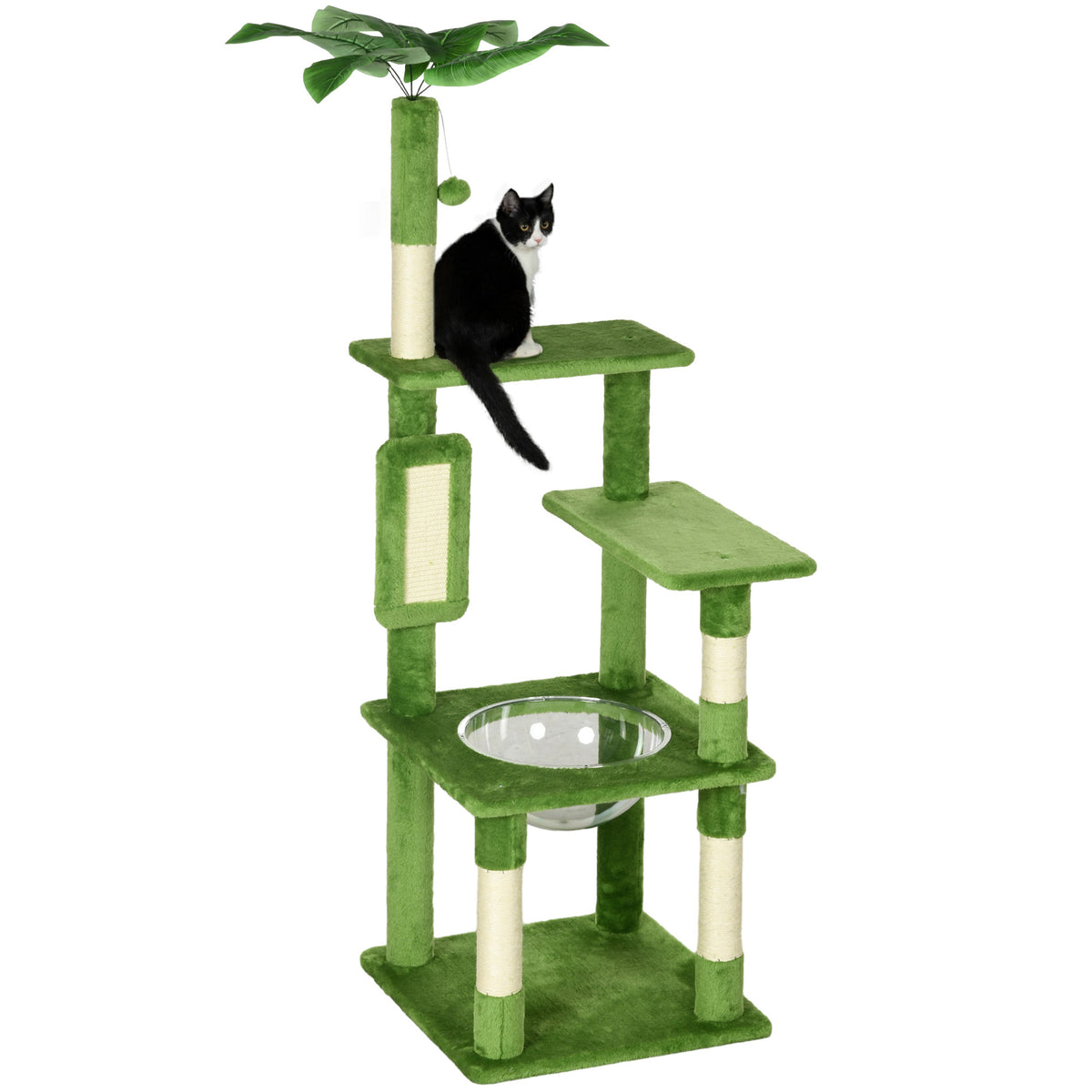 PawHut 142cm Cat Tree Tower, with Scratching Post, Hammock, Toy Ball, Platforms - Green