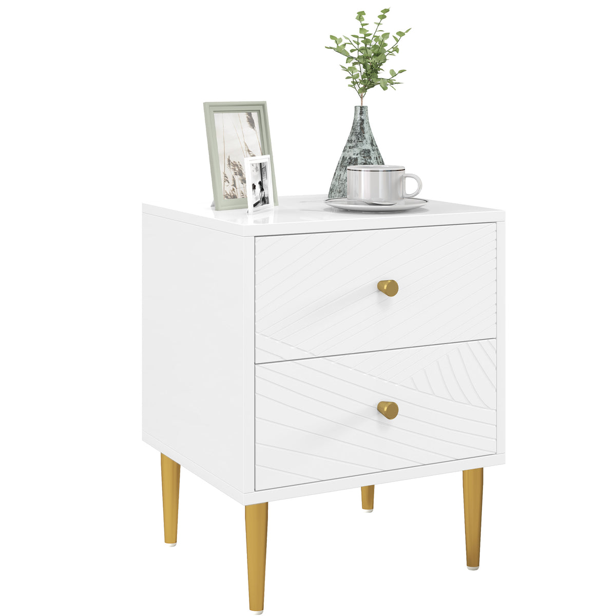 HOMCOM Elegant Two-Drawer Bedside Table - White/Gold-Tone