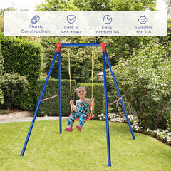 Outsunny Kids Swing Set Toddler Swing Adjustable Rope Heavy Duty A-Frame Stand Outdoor Playset for 3-8 Years Old Blue