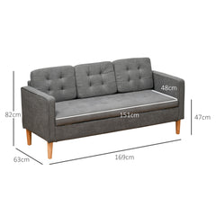 HOMCOM Modern 3 Seater Sofa with Hidden Storage, 169cm Tufted Cotton Couch with Wood Legs, Compact Sofa for Living Room, Grey