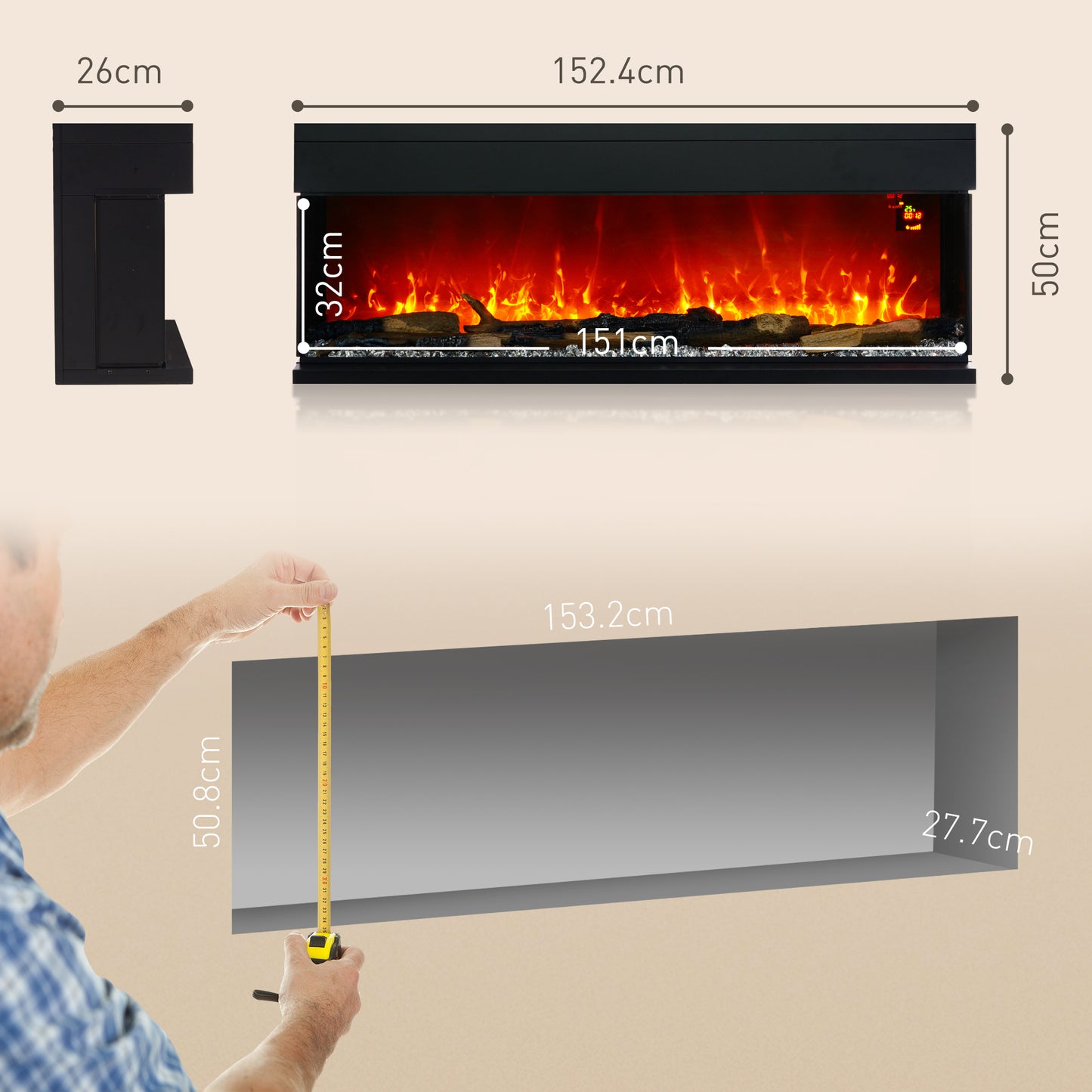HOMCOM 1800W 15-40√¢‚Äû∆í Adjustable Flame Glass Panel Convector Heater, 152cm