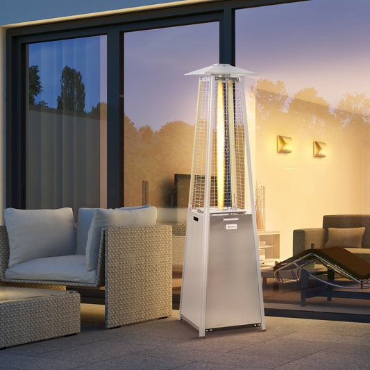 Outsunny 11.2KW Outdoor Patio Gas Heater Stainless Steel Pyramid Propane Heater Garden Freestanding Tower Heater with Wheels, Dust Cover, Regulator and Hose, Silver