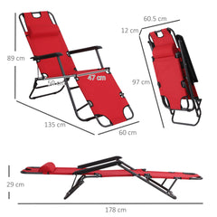 Outsunny 2 in 1 Sun Lounger Folding Reclining Chair Garden Outdoor Camping Adjustable Back with Pillow, Red