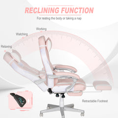 HOMCOM Faux Leather Reclining Gaming Chair, with Footrest - Pink/White