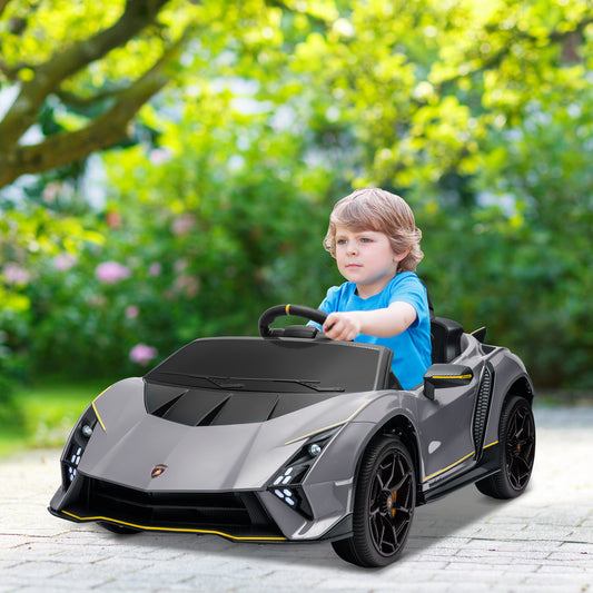 AIYAPLAY 12V Lamborghini Autentica Licensed Kids Electric Car with Remote Control, Four Suspension Wheels, Soft Start, Grey