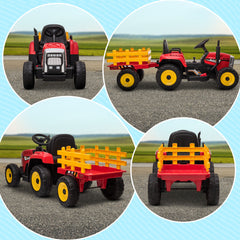 HOMCOM Ride On Tractor, Battery Powered Electric Car, with Detachable Trailer, Remote Control, Music - Red