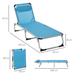 Outsunny 2 Pieces Foldable Outdoor Sun Lounger with Pillow, 5-Level Adjustable Reclining Lounge Chair, Aluminium Frame Camping Bed Cot, Blue