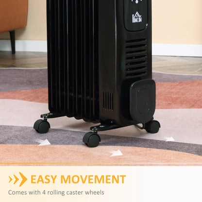 HOMCOM 1500W Digital Oil Filled Radiator, 7 Fin, Portable Electric Heater with LED Display, Built-in Timer, 3 Heat Settings, Safety Cut-Off and Remote Control, Black
