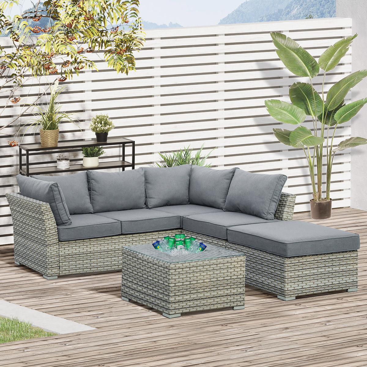 Outsunny 5-Seater Patio PE Rattan Corner Sofa Set, Outdoor Wicker Sectional Conversation Aluminum Frame Furniture Set w/ Padded Cushion, Tea Table with Ice Bucket, Light Grey