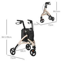 HOMCOM 3 Wheel Rollator, Lightweight Aluminium Tri Walker with Adjustable Handle, Storage Bag and Dual Brakes, Folding Mobility Walking Aid for Elderly, Handicapped, 5.3kg, Gold Tone