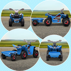 HOMCOM 6V Quad Bike with Back Trailer, Wear-Resistant Wheels, for Ages 18-36 Months, Blue