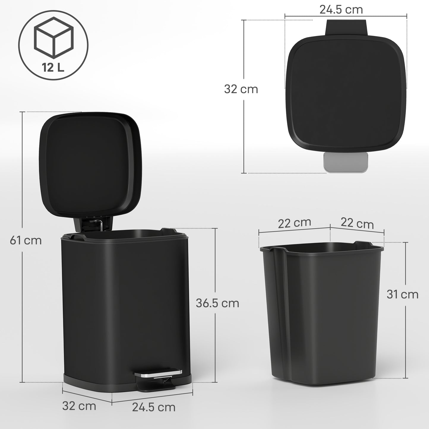 HOMCOM 12L Modern Boxy Metal Home Kitchen Bin - Black