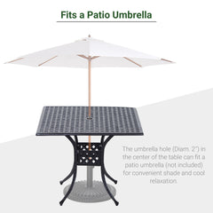 Outsunny 90cm Square Garden Table with Umbrella Hole, Aluminium Grid Motif Outdoor Dining Table for Garden Patio, Black