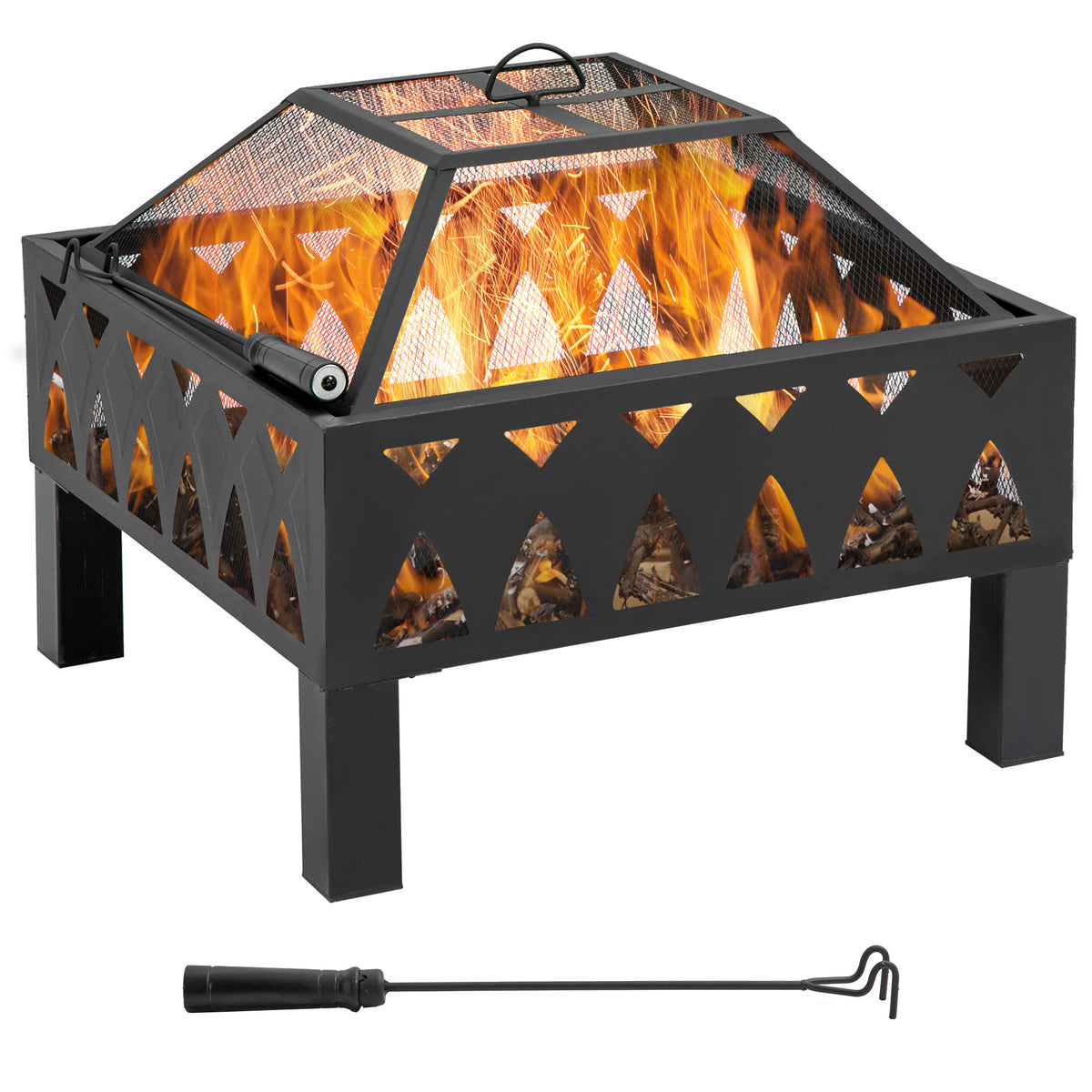 Outsunny 66cm Outdoor Fire Pit with Screen Cover, Wood Burner, Log Burning Firepit Bowl with Poker for Patio, Backyard, Black