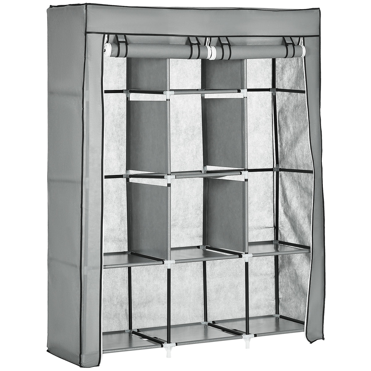 HOMCOM Fabric Wardrobe, Portable Wardrobe, Clothes Storage Unit with 8 Shelves, 2 Hanging Rods, 125 x 43 x 162.5 cm, Light Grey