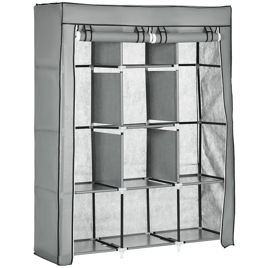 HOMCOM Fabric Wardrobe, Portable Wardrobe, Clothes Storage Unit with 8 Shelves, 2 Hanging Rods, 125 x 43 x 162.5 cm, Light Grey