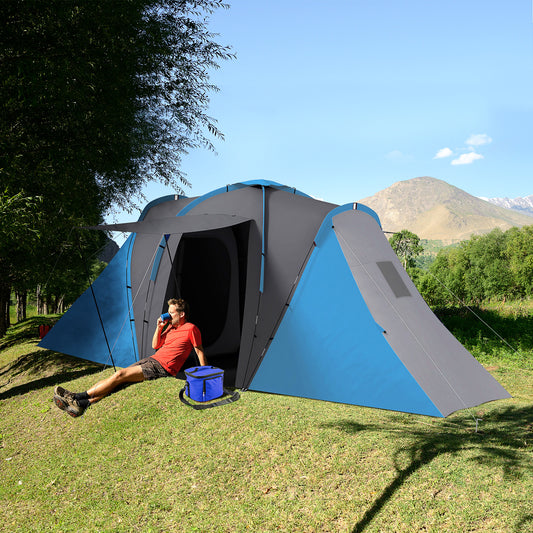 Outsunny Large Camping Tent Tunnel Tent with 2 Bedroom and Living Area, 2000mm Waterproof, Portable with Bag for 4-6 Man, Blue