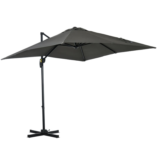 Outsunny 2.5 x 2.5m Patio Offset Parasol Umbrella Cantilever Hanging Aluminium Sun Shade Canopy Shelter 360√Ç¬∞ Rotation with Crank Handle and Cross Base, Grey