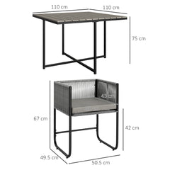 Outsunny 4 Seater Rattan Cube Garden Furniture Set, Rattan Dining Set with Cushions, Outdoor Dining Table and Chairs with Rectangular Wood Grain Plastic Top Table for Patio, Balcony, Grey