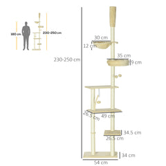 PawHut Floor to Ceiling Cat Tree for Indoor Cats, 6-Tier Play Tower Climbing Activity Center with Scratching Post, Platforms, Bed, Hammock, Adjustable Height 230-250cm, Beige