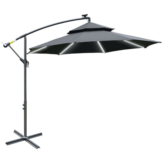 Outsunny 3(m) Cantilever Banana Parasol Hanging Umbrella with LED Solar lights, Crank, 8 Sturdy Ribs and Cross Base for Outdoor, Garden, Patio, Black