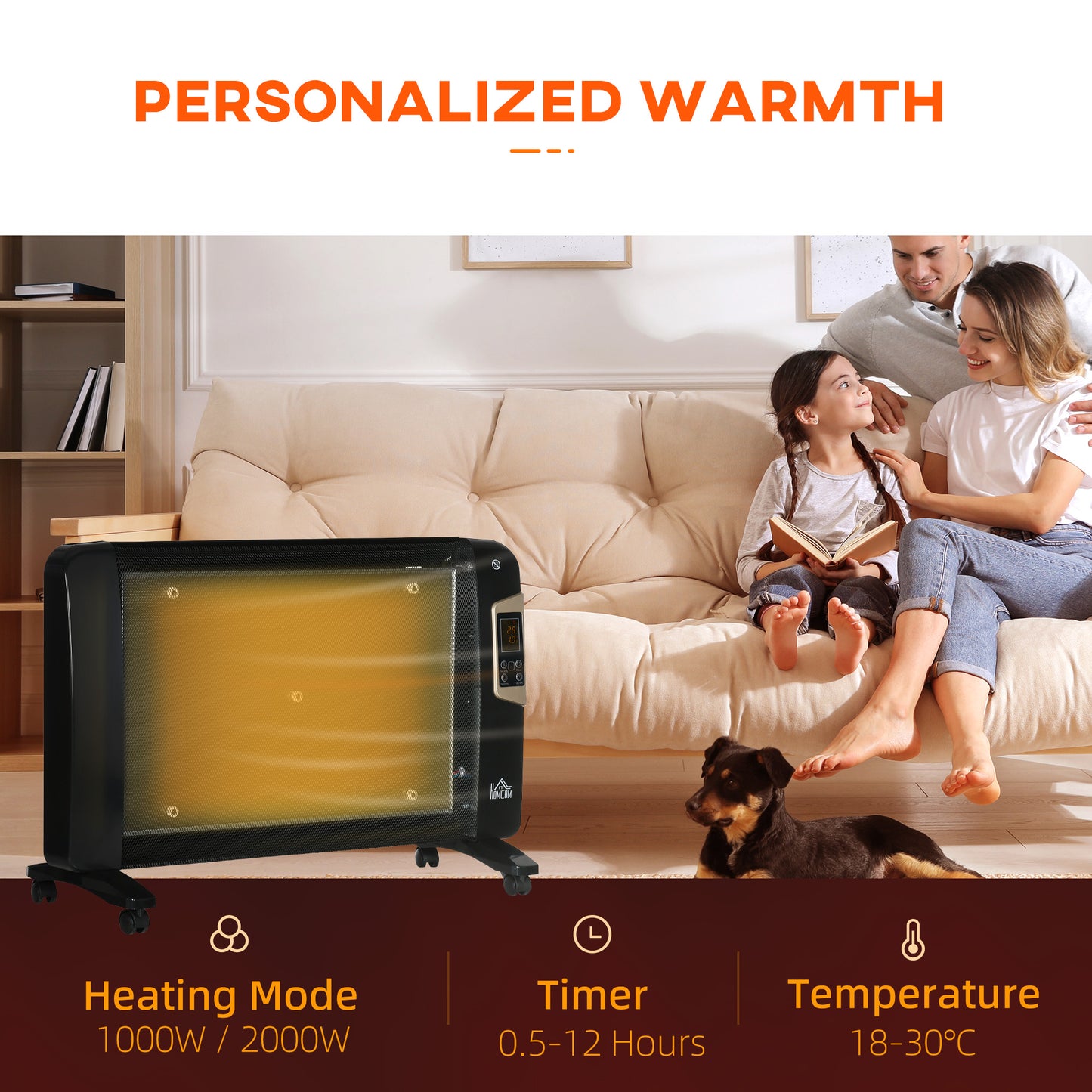 HOMCOM Mica Electric Space Heater, Portable Heater for Home with 2 Heat Settings, Living Room, Study, Garage, Adjustable Temperature 18-30√Ç¬∞C, 1000W/2000W, Black