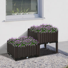 Outsunny Set of 2 26L Garden Raised Bed Elevated Patio Flower Plant Planter Box PP Vegetables Planting Container, Brown