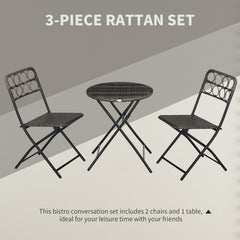 Outsunny 3 Pieces Rattan Bistro Set, Wicker Folding Garden Furniture Set with Coffee Table and Chairs for Outdoor, Patio, Balcony, Grey