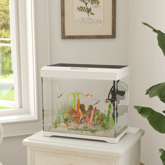 PawHut 27L Glass Fish Tank with Filter System, LED Light, Water Pump, for Betta, Goldfish, Shrimps, White