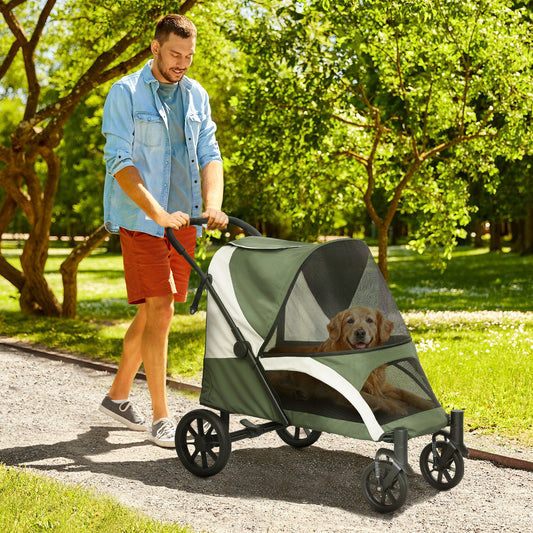 PawHut Foldable Pet Stroller for Large Dogs with Four Big Wheels, Shock-Absorbing Frame, Safety Leashes, Brakes, Dark Green