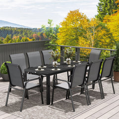 Outsunny 8 Seater Garden Dining Set with Stacking Chairs, Rectangular Tempered Glass Top, Garden Furniture Set, Outdoor Dining Table and Chairs for Patio, Balcony, Poolside, Dark Grey