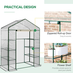 Outsunny Walk in Greenhouse with 4-Tier 8 Shelves, Green House with Hemmed Cover, Roll-up Zipped Door, Steel Frame, 143 x 73 x 195cm