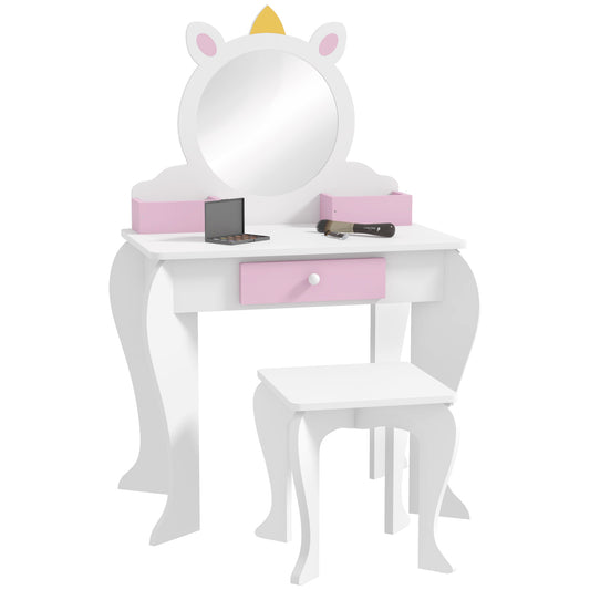 ZONEKIZ Unicorn-Design Kids Dressing Table, with Mirror and Stool - White