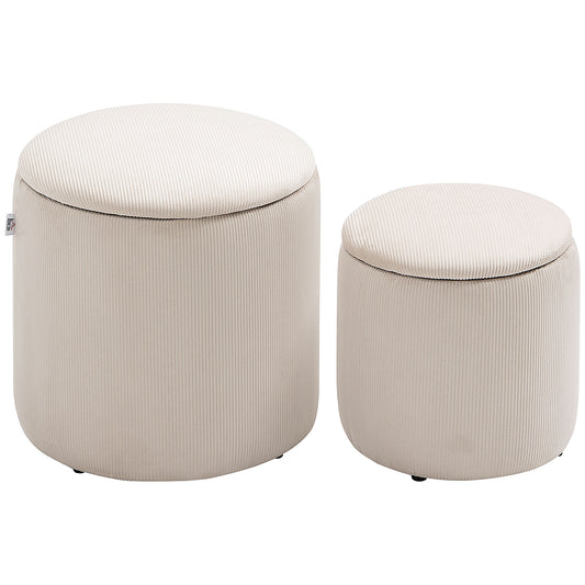 HOMCOM Modern Storage Ottoman with Removable Lid, Fabric Storage Stool, Foot Stool, Dressing Table Stool Side Table, Set of 2, Cream White