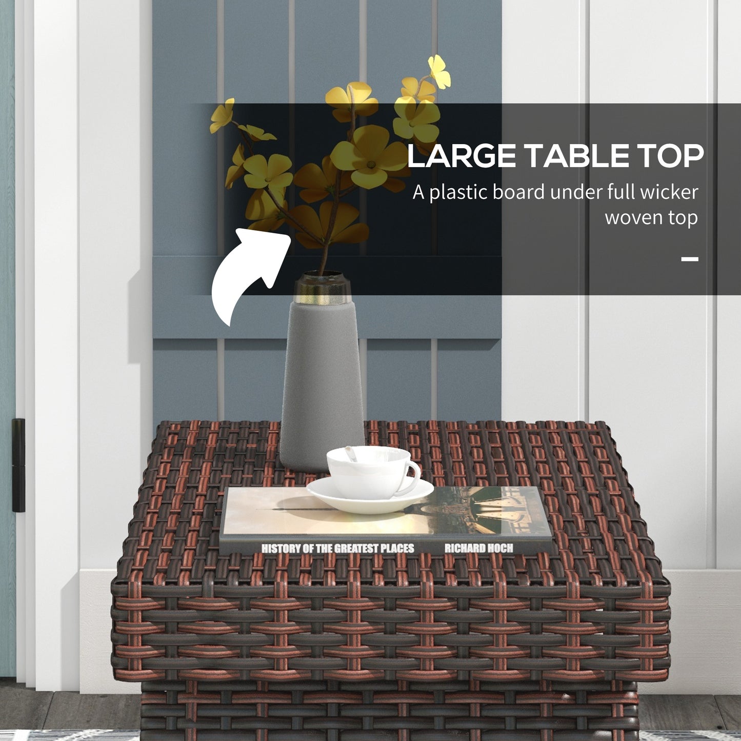 Outsunny Foldable Outdoor Coffee Table, Steel Frame Rattan Side Table, Coffee Table Side Table for Garden, Brown