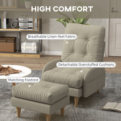 HOMCOM Upholstered Recliner Armchair with Footstool Set, Modern Button Tufted Accent Chair with Adjustable Backrest, Cushions, Wood Legs and Side Pockets for Living Room, Bedroom, Home Study, Beige