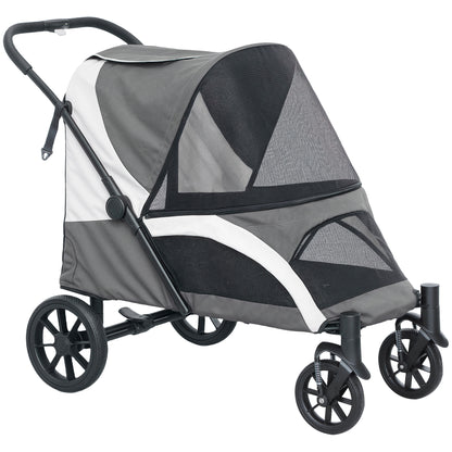 PawHut Foldable Pet Stroller for Large Dogs with 4 Big Wheels, Shock-Absorbing Frame, Safety Leashes, Brakes, Dark Grey