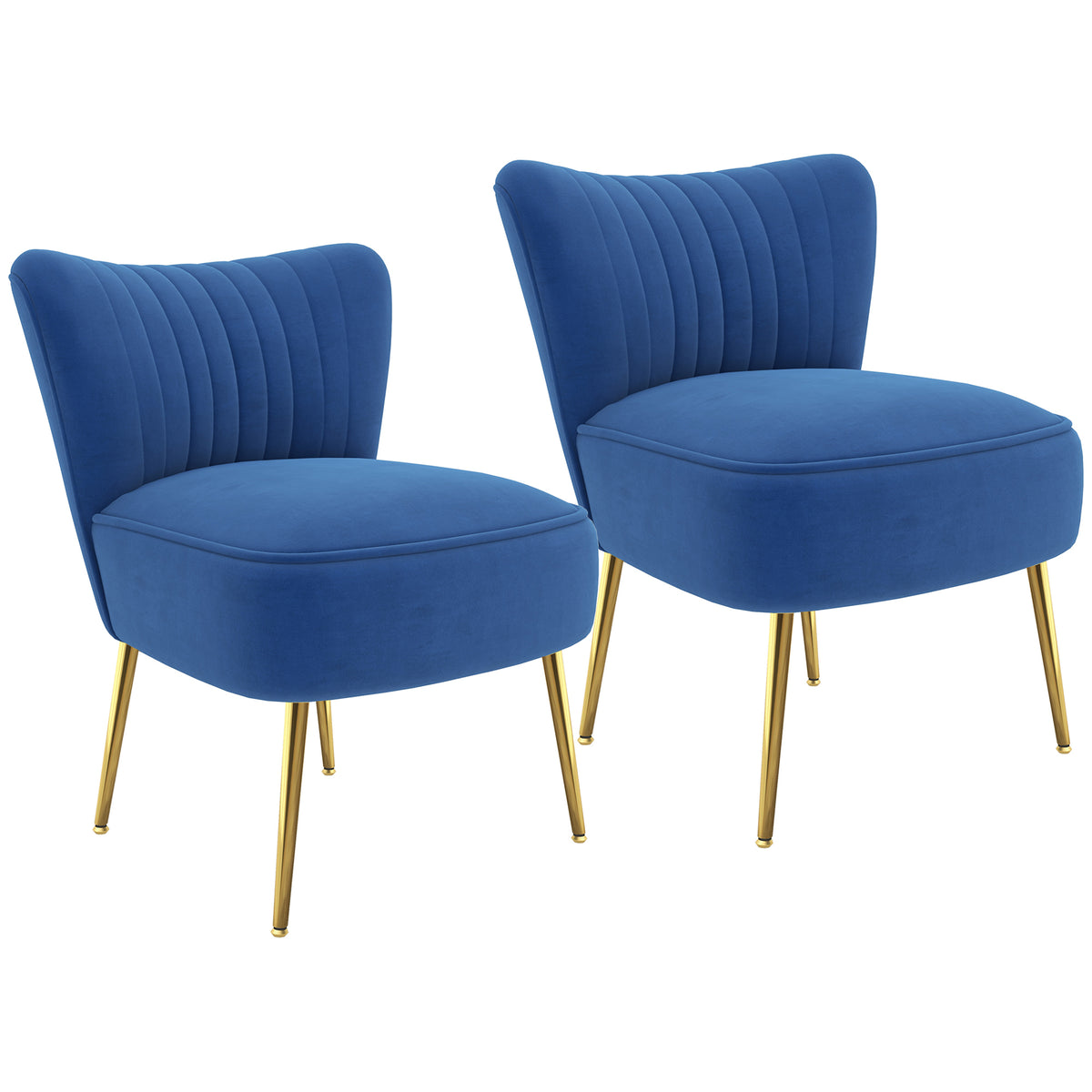 HOMCOM Set of 2 Accent Chairs, Upholstered Living Room Chairs with Gold Tone Steel Legs, Wingback Armless Chairs, Dark Blue