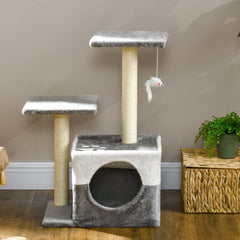 PawHut Cat Tree w/ Sisal Scratching Posts, House, Perches, Toy Mouse, Grey