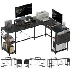 مكتب HOMCOM 168 سم على شكل حرف L قابل للعكس، مكتب كمبيوتر صناعي بزاوية مع رف قابل للتعديل وحقيبة تخزين، مكتب 240 سم لشخصين مع حامل شاشة، أسود