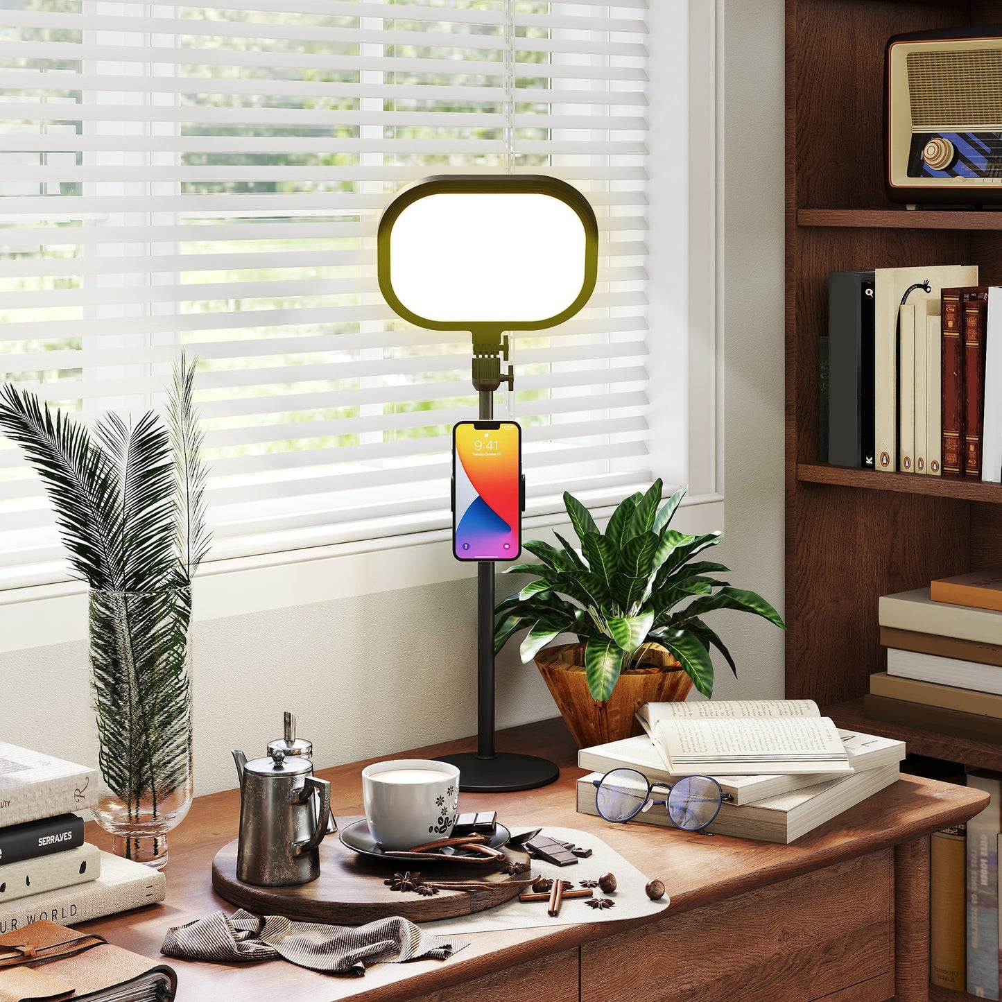 HOMCOM Selfie Light for Video Conference Lighting, Dimmable Desk Lamp with Stand Phone Holder, 5 Colour Modes & 10 Brightness Levels, Memory Function for Home Office, Recording, Video Calls, Black