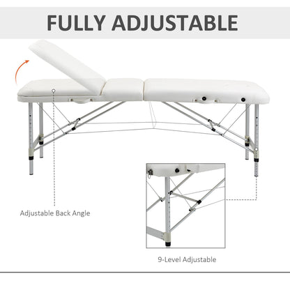 HOMCOM Foldable Massage Bed Portable Table, 3-Section Aluminium Foldable Beauty Couch, Professional Salon Spa Table with Headrest Support and Carry Bag, 81 cm Width, White