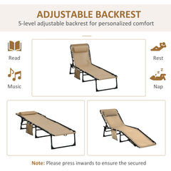 Outsunny Portable Sun Lounger Set of 2, Folding Camping Bed Cot, Reclining Lounge Chair 5-position Adjustable Backrest with Side Pocket, Pillow for Patio Garden Beach Pool, Beige